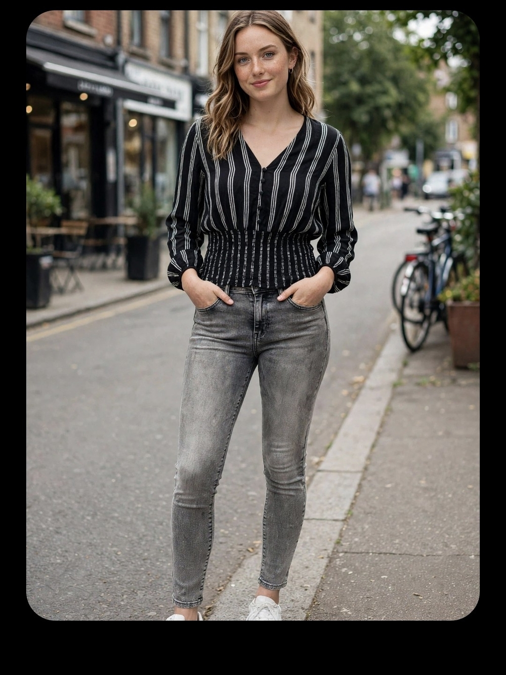 American Eagle Outfitters Black & White Striped Smocked-Waist V-Neck & JEANS
